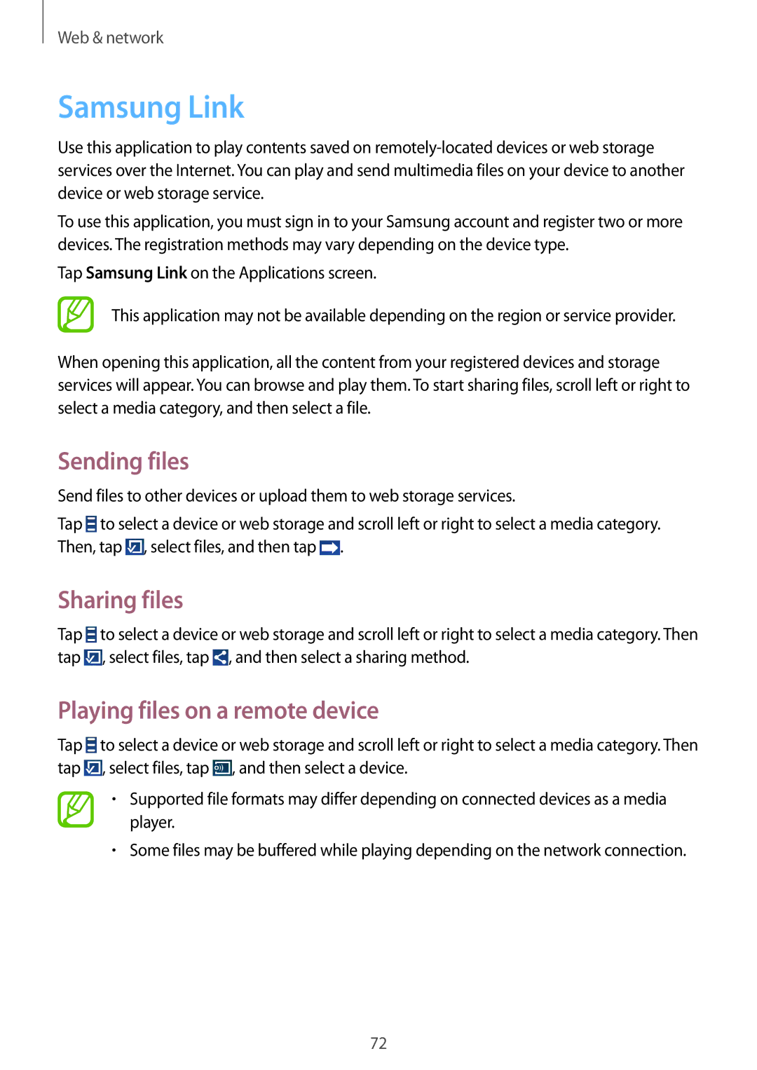 Samsung GT2I9515ZKAVDH, GT-I9515ZWAVD2 manual Samsung Link, Sending files, Sharing files, Playing files on a remote device 