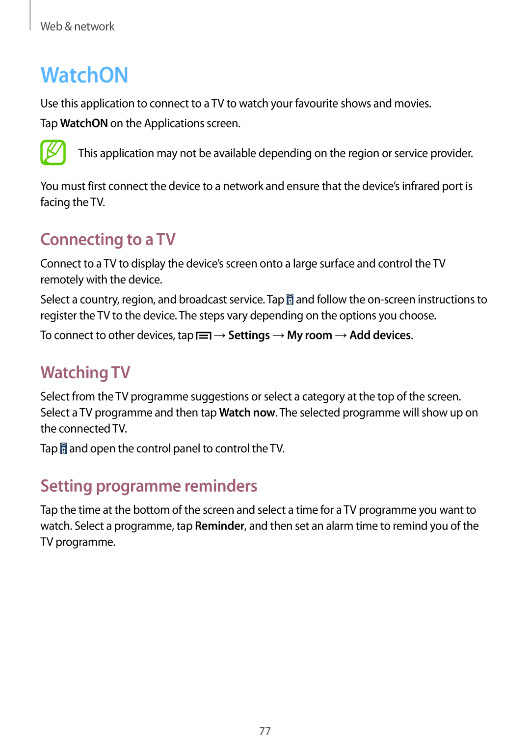 Samsung GT-I9515ZKAPCL, GT-I9515ZWAVD2 manual WatchON, Connecting to a TV, Watching TV, Setting programme reminders 