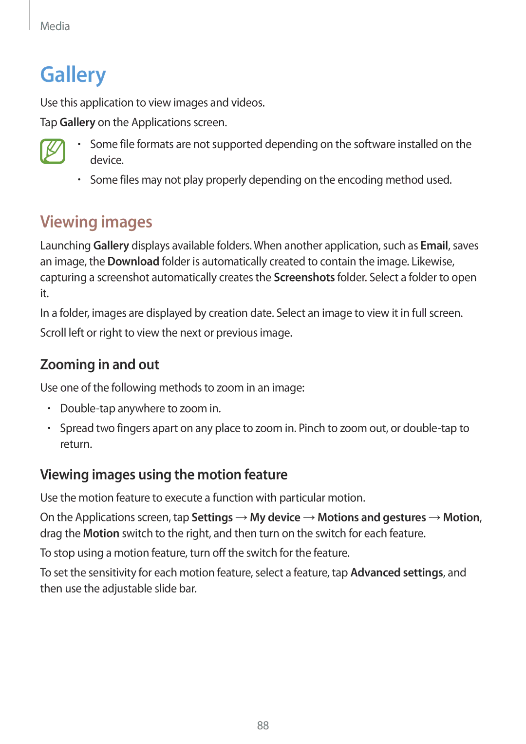 Samsung GT-I9515ZSACEL, GT-I9515ZWAVD2 manual Gallery, Zooming in and out, Viewing images using the motion feature 