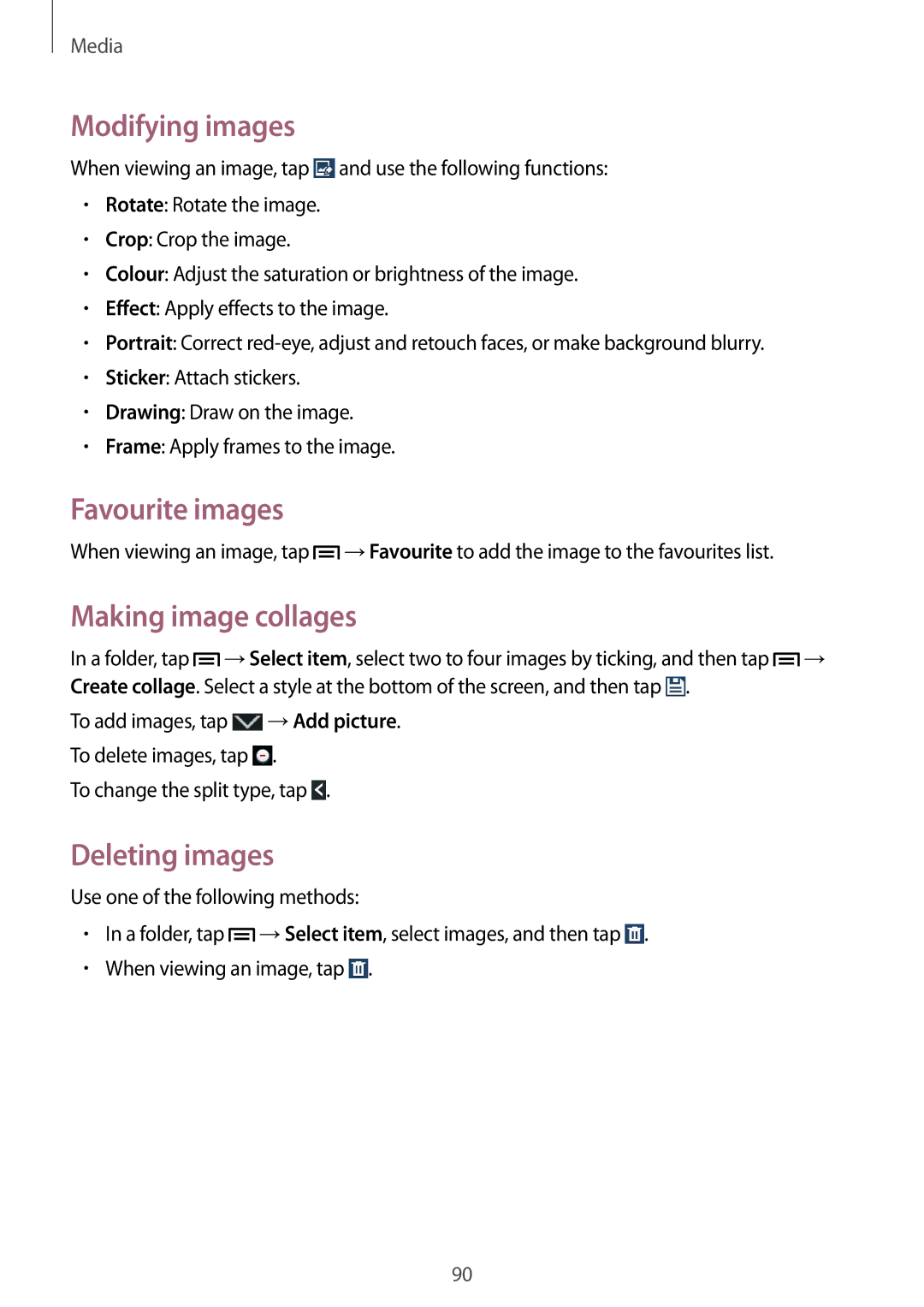 Samsung GT-I9515ZWAVD2, GT-I9515ZSADBT manual Modifying images, Favourite images, Making image collages, Deleting images 