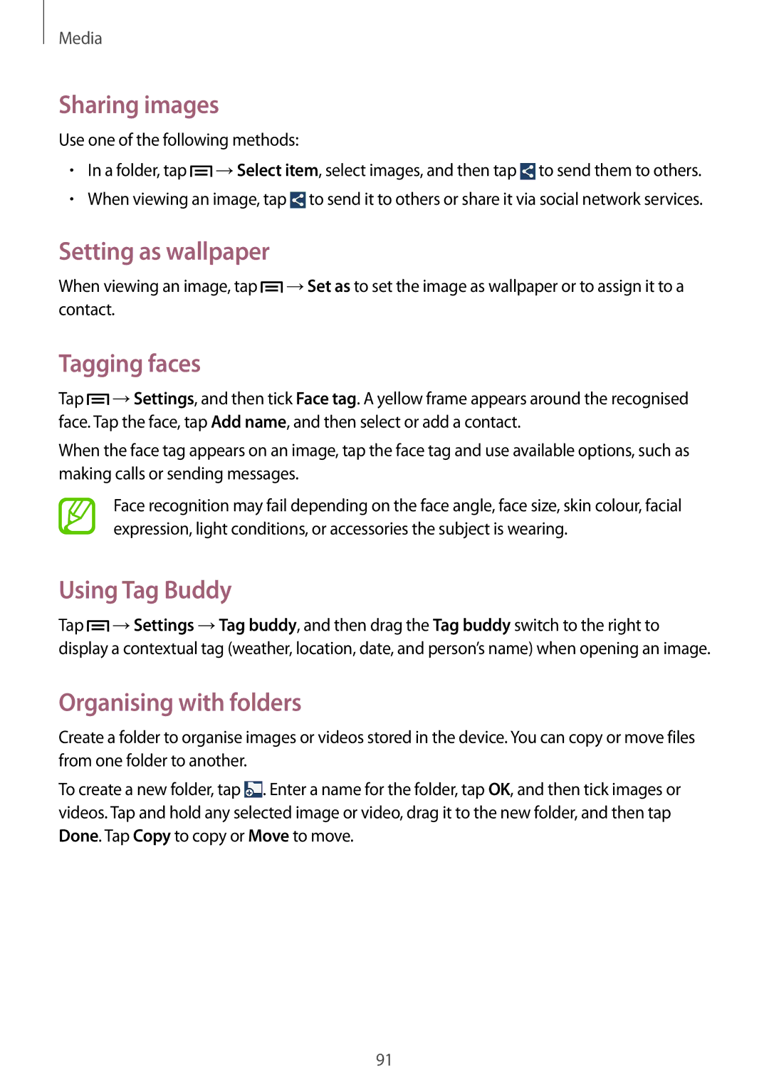 Samsung GT-I9515ZSADBT, GT-I9515ZWAVD2, GT-I9515ZKAPLS Sharing images, Setting as wallpaper, Tagging faces, Using Tag Buddy 