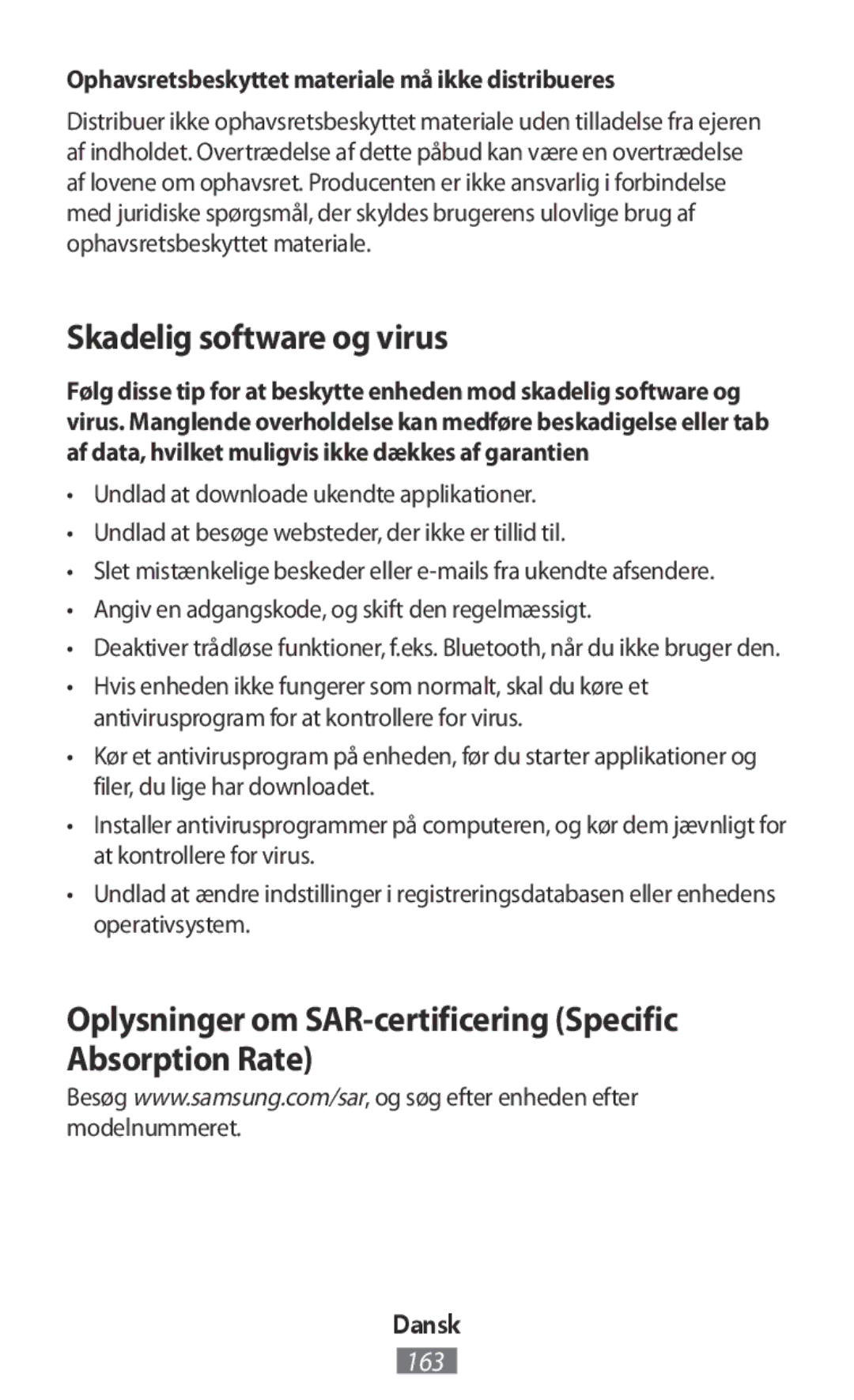 Samsung GT-I9515ZWAPHE manual Skadelig software og virus, Oplysninger om SAR-certificering Specific Absorption Rate 