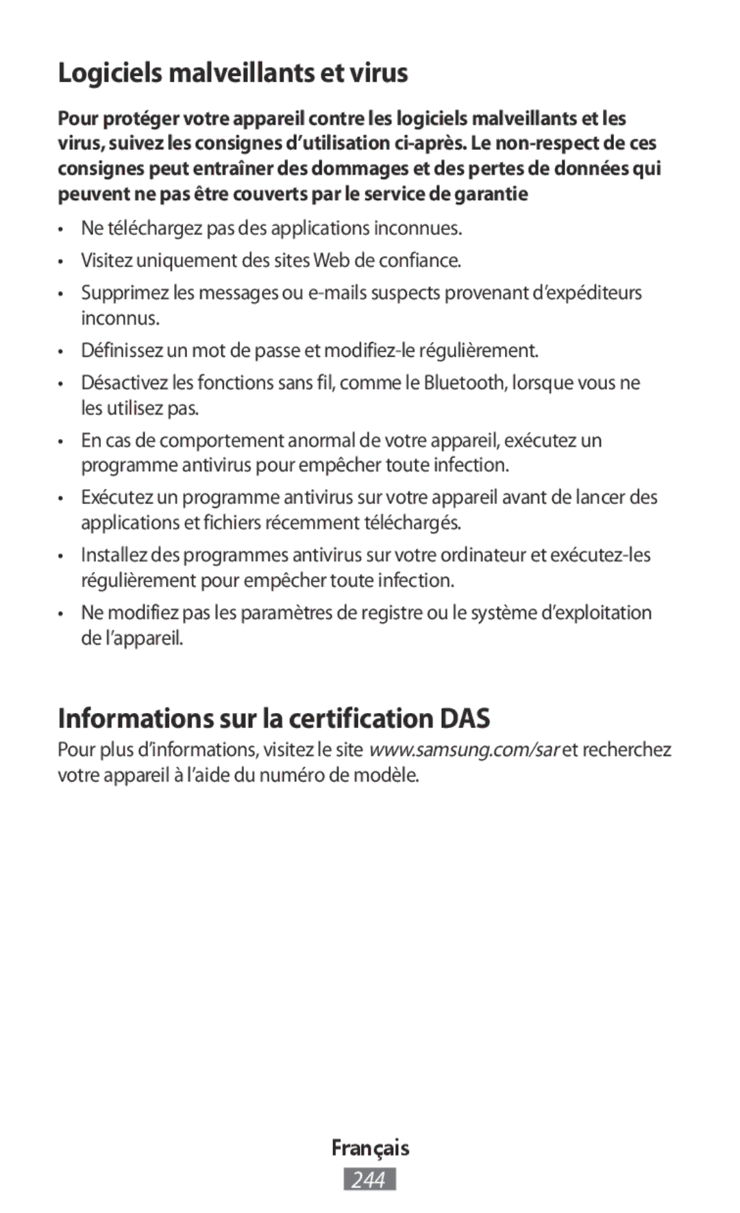 Samsung GT2I9515ZSAXEH, GT-I9515ZWAVD2 manual Logiciels malveillants et virus, Informations sur la certification DAS 