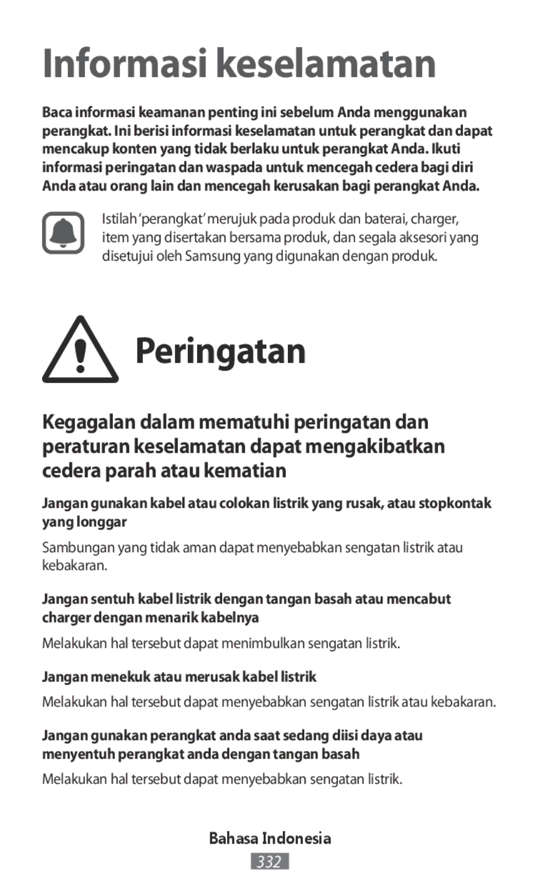 Samsung GT-I9515ZWAITV manual Peringatan, Melakukan hal tersebut dapat menimbulkan sengatan listrik, Bahasa Indonesia 