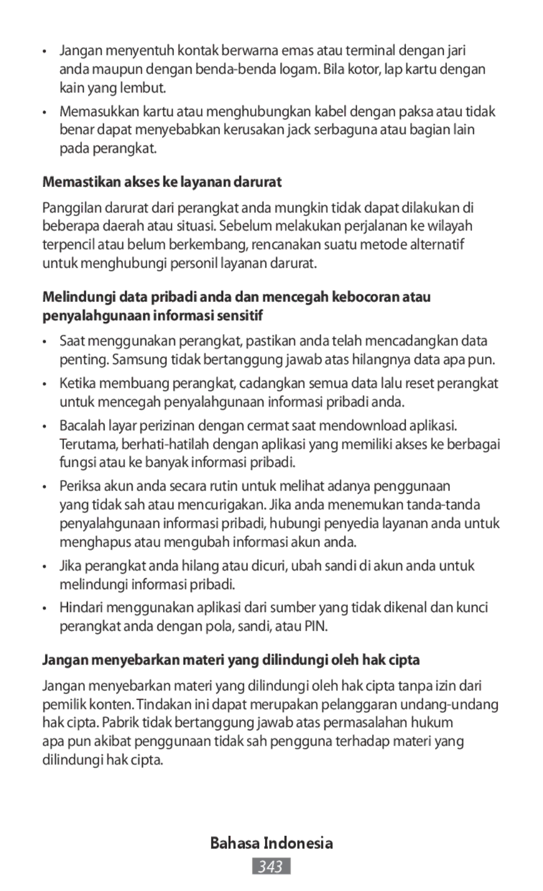 Samsung GT-I9515ZWAROM manual Memastikan akses ke layanan darurat, Jangan menyebarkan materi yang dilindungi oleh hak cipta 