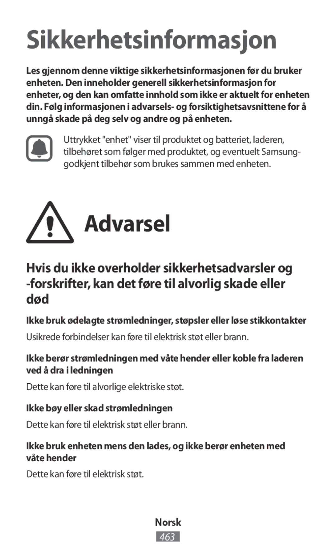 Samsung GT-I9515ZSAITV manual Dette kan føre til alvorlige elektriske støt, Ikke bøy eller skad strømledningen, Norsk 