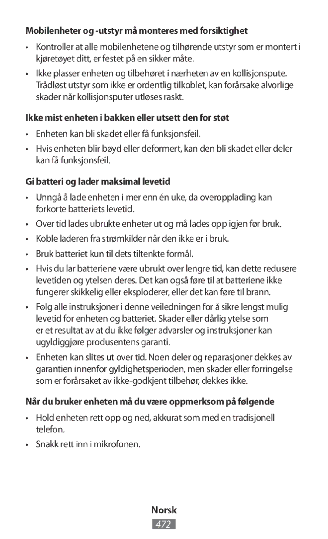 Samsung GT-I9515ZKAITV manual Mobilenheter og -utstyr må monteres med forsiktighet, Gi batteri og lader maksimal levetid 