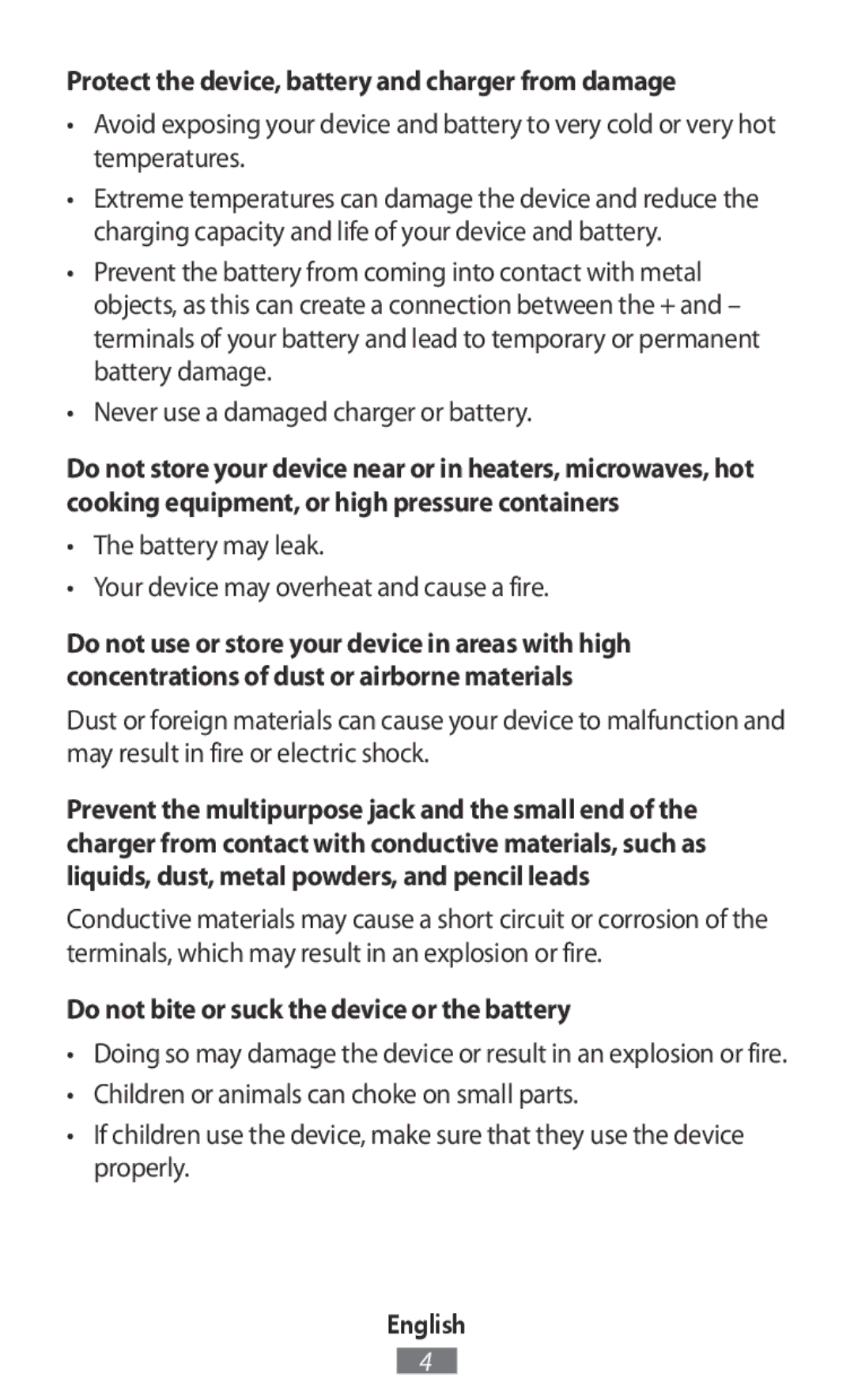 Samsung GT-I9515ZSASEB Protect the device, battery and charger from damage, Do not bite or suck the device or the battery 