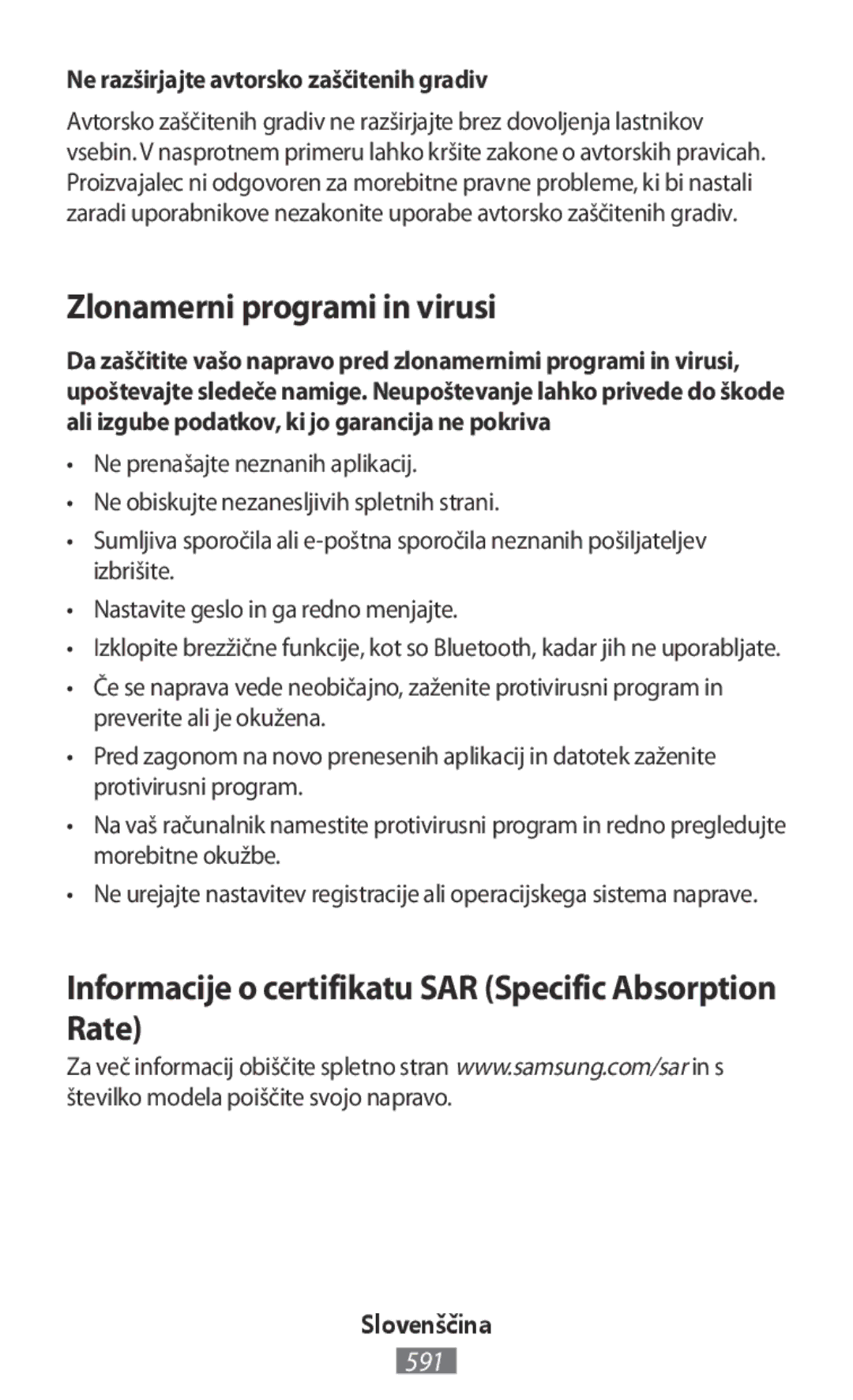 Samsung GT-I9515ZKAOMN manual Zlonamerni programi in virusi, Informacije o certifikatu SAR Specific Absorption Rate 