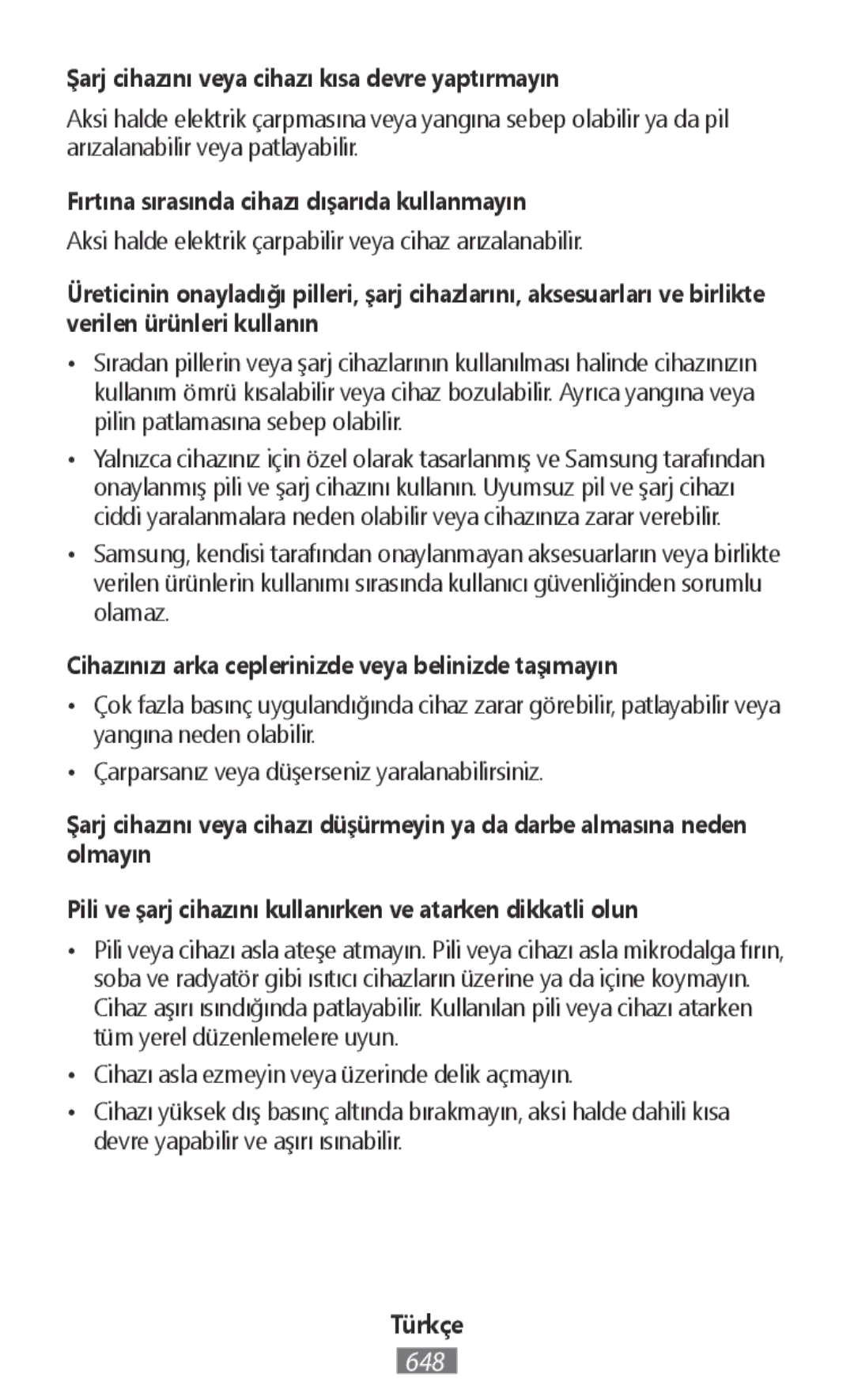 Samsung GT-I9515DKYPHN Şarj cihazını veya cihazı kısa devre yaptırmayın, Fırtına sırasında cihazı dışarıda kullanmayın 