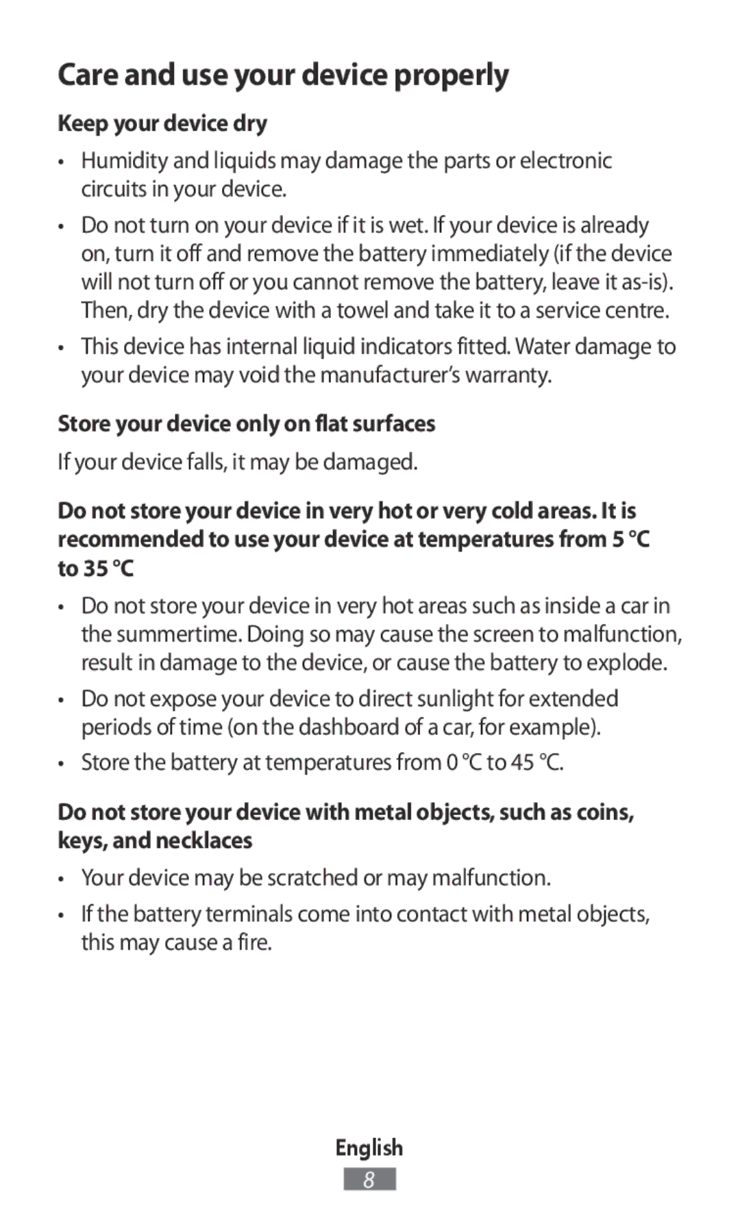 Samsung GT-I9515ZWAPLS, GT-I9515ZWAVD2, GT-I9515ZSADBT manual Keep your device dry, Store your device only on flat surfaces 