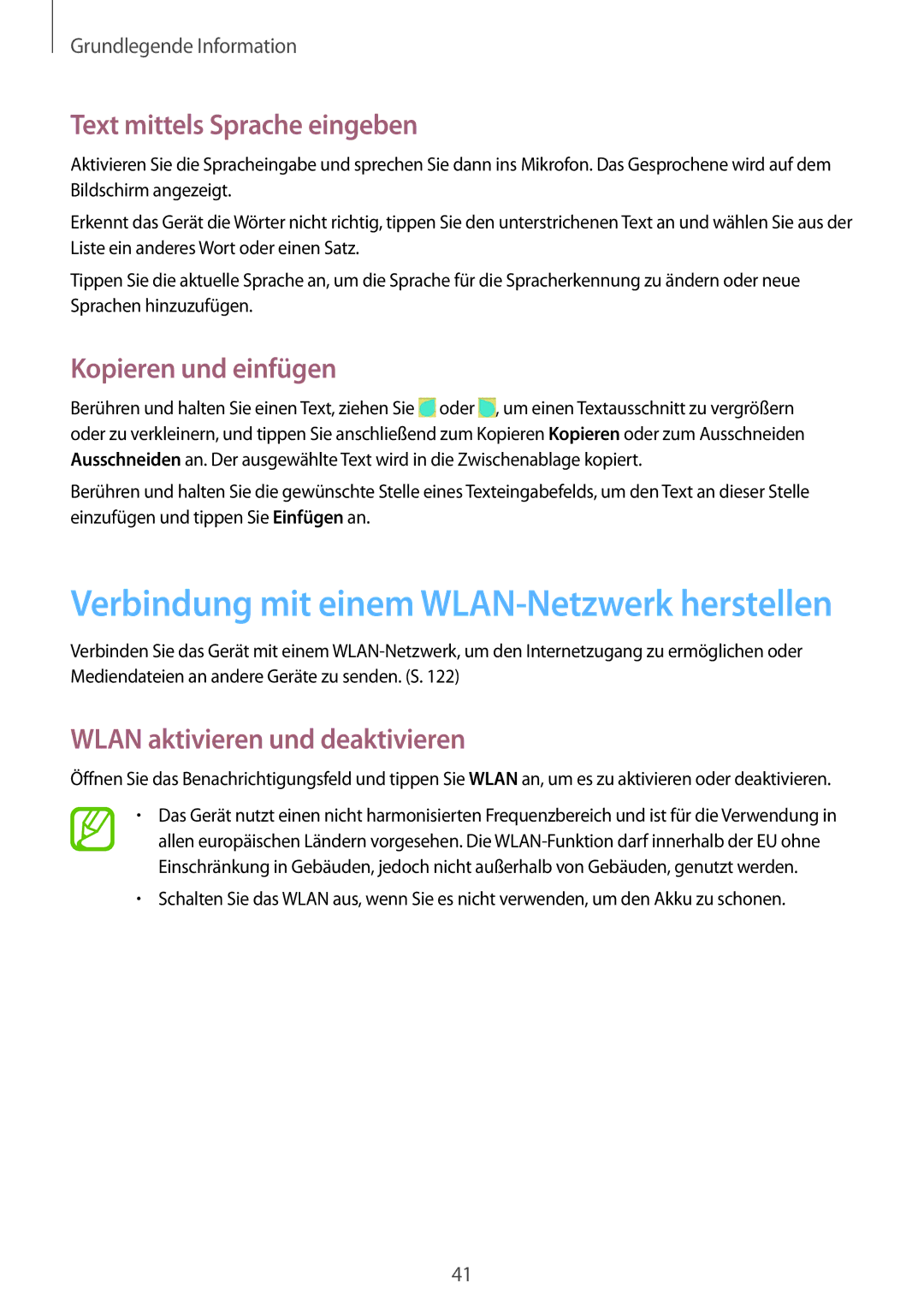 Samsung GT-I9515ZWAPLS manual Text mittels Sprache eingeben, Kopieren und einfügen, Wlan aktivieren und deaktivieren 