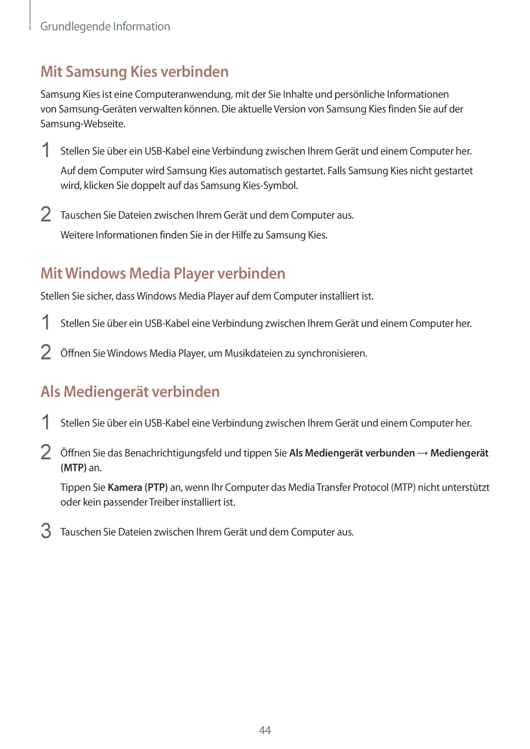 Samsung GT-I9515ZKAPRT manual Mit Samsung Kies verbinden, Mit Windows Media Player verbinden, Als Mediengerät verbinden 