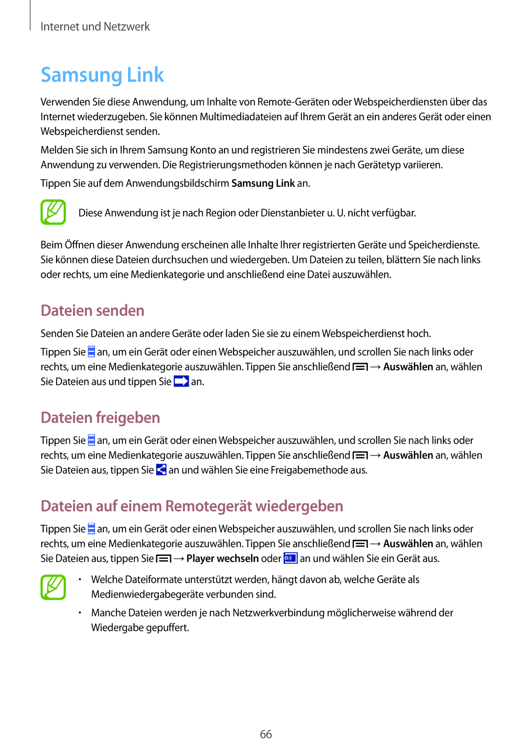 Samsung GT-I9515ZKAPLS manual Samsung Link, Dateien senden, Dateien freigeben, Dateien auf einem Remotegerät wiedergeben 