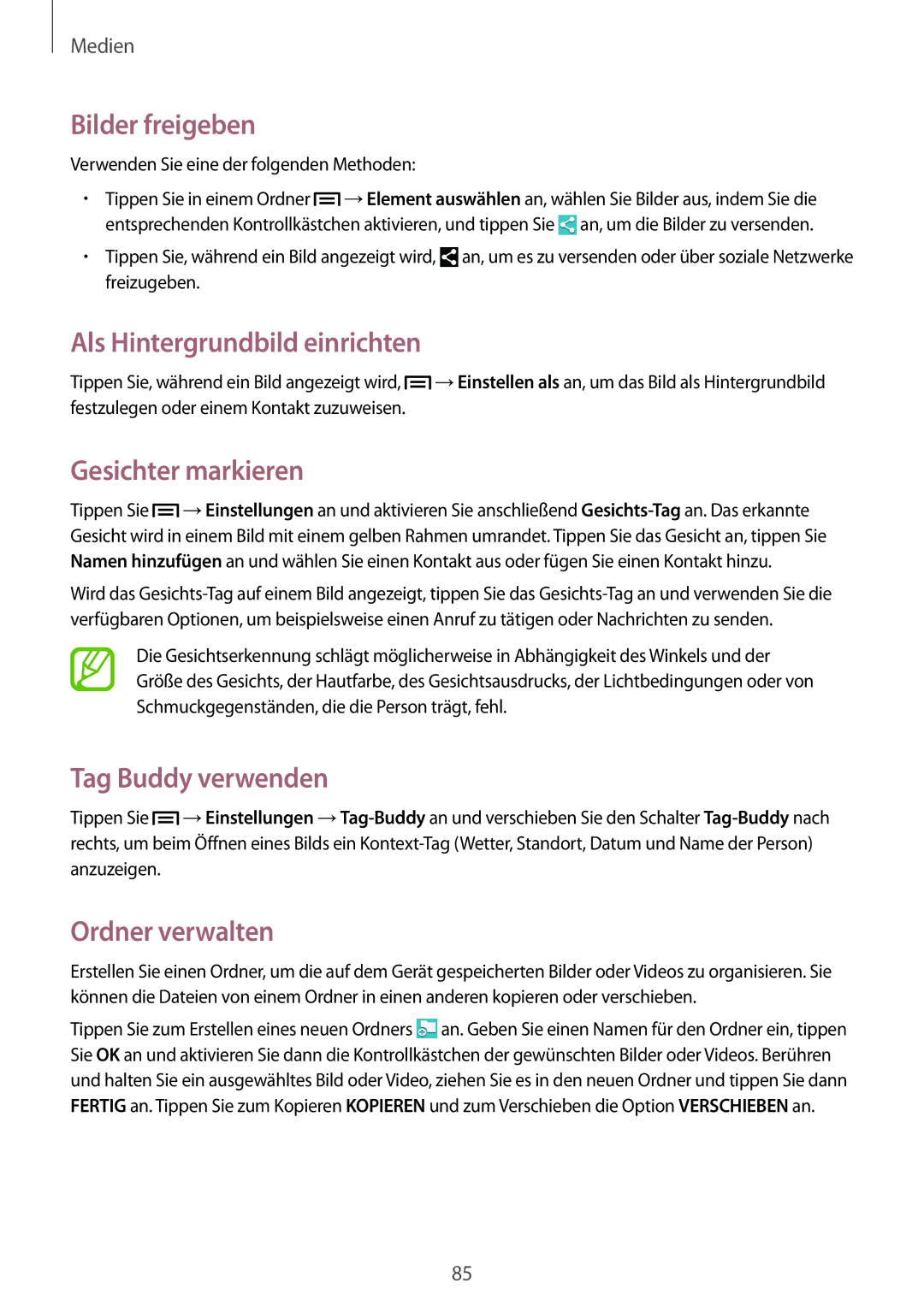 Samsung GT-I9515ZSASEB manual Bilder freigeben, Als Hintergrundbild einrichten, Gesichter markieren, Tag Buddy verwenden 