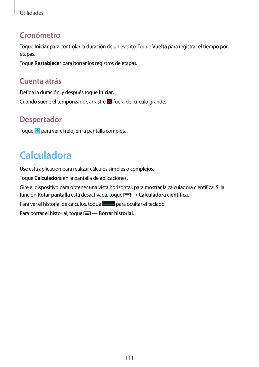 Samsung GT-I9515ZKAXEH, GT-I9515ZWAXEO, GT-I9515DKYDBT, GT-I9515ZWASEB Calculadora, Cronómetro, Cuenta atrás, Despertador 