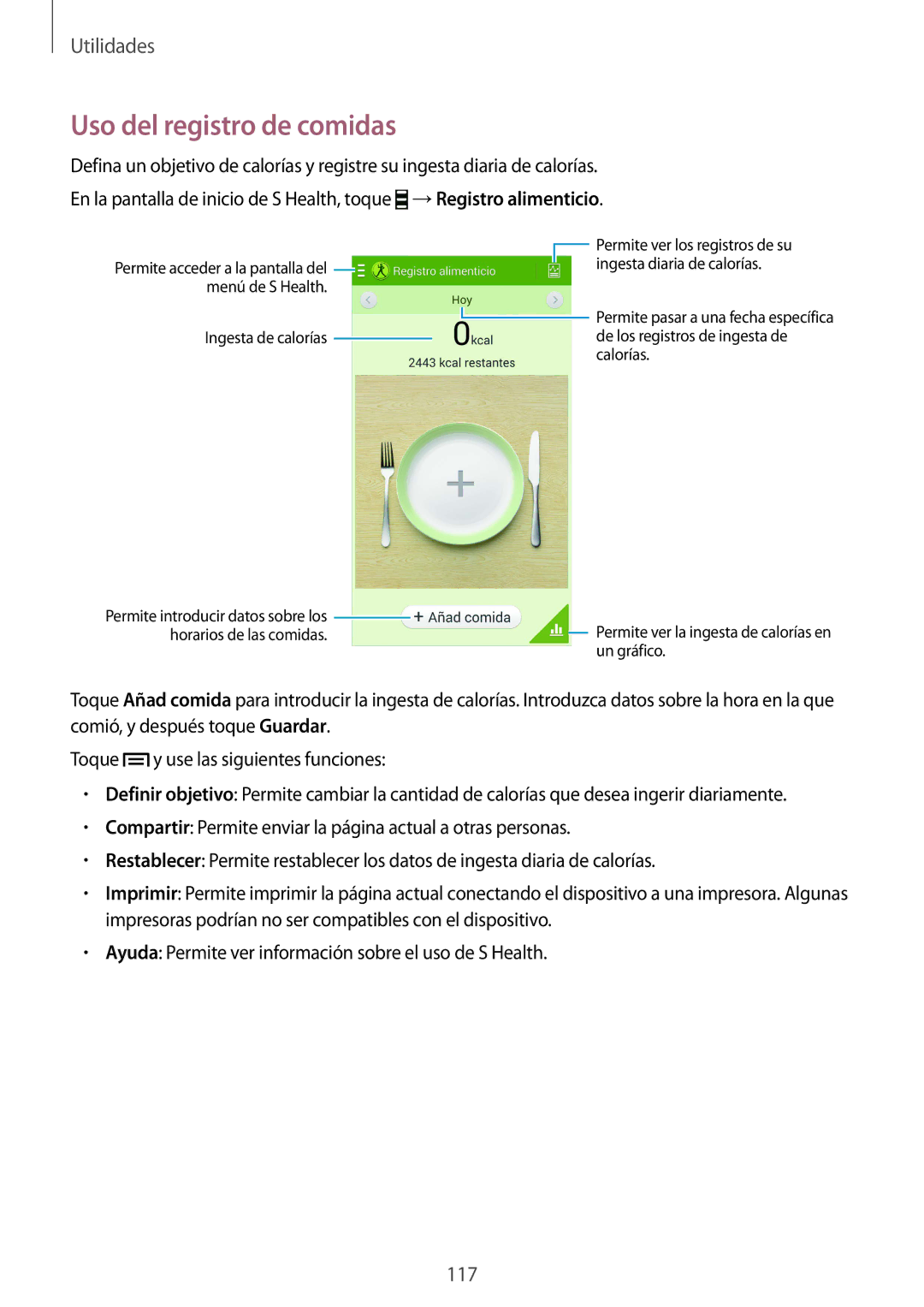 Samsung GT-I9515ZWAXEF, GT-I9515ZWAXEO, GT-I9515DKYDBT, GT-I9515ZWASEB, GT-I9515ZWAITV manual Uso del registro de comidas 