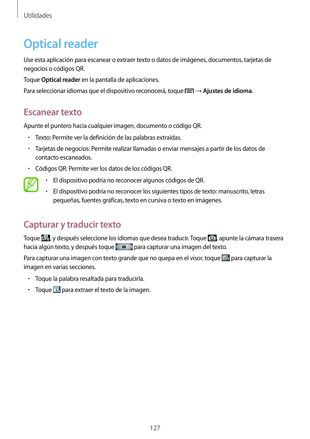 Samsung GT-I9515ZWAPHE, GT-I9515ZWAXEO, GT-I9515DKYDBT manual Optical reader, Escanear texto, Capturar y traducir texto 