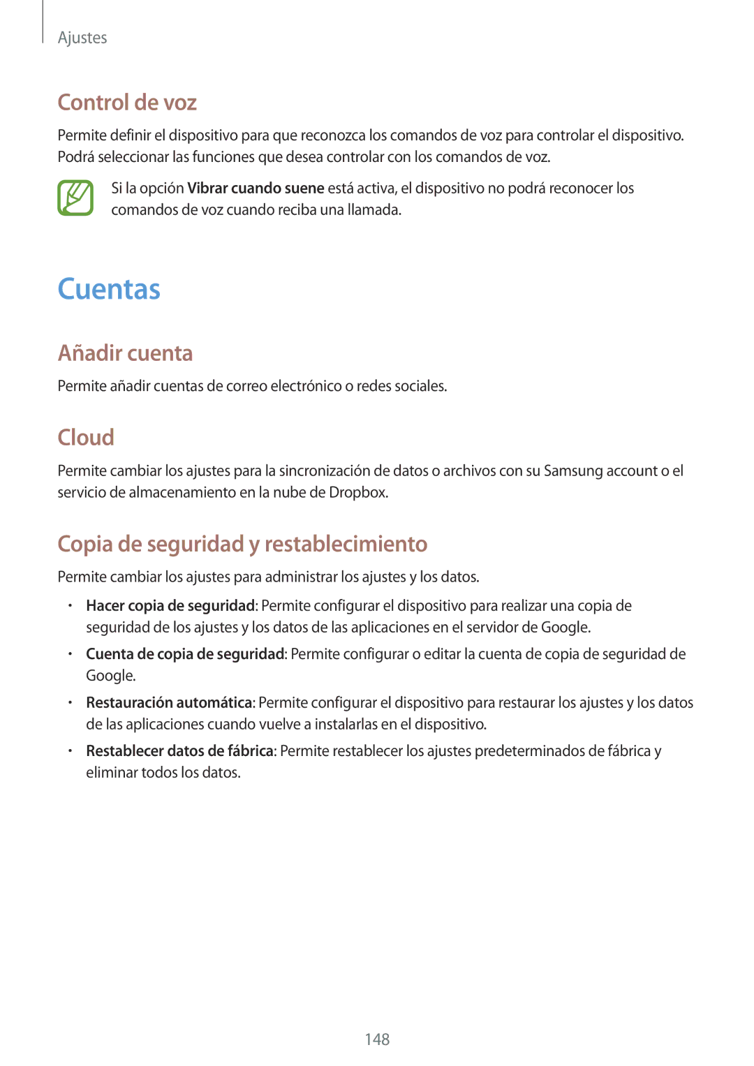 Samsung GT-I9515ZSAATO manual Cuentas, Control de voz, Añadir cuenta, Cloud, Copia de seguridad y restablecimiento 