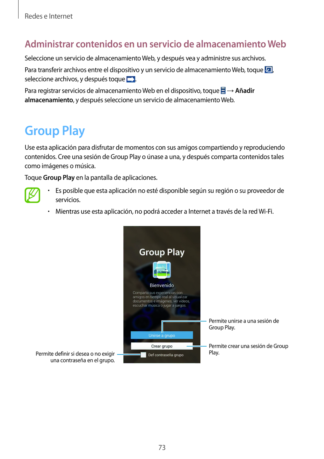 Samsung GT-I9515ZKAXEH, GT-I9515ZWAXEO manual Group Play, Administrar contenidos en un servicio de almacenamiento Web 