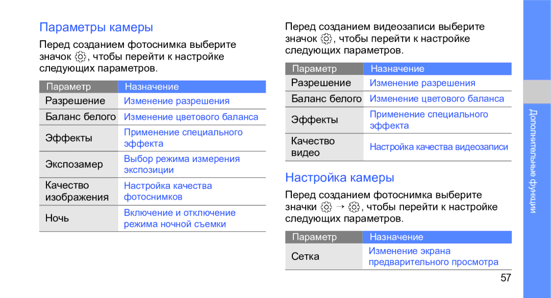 Samsung GT-M3710IKASER, GT-M3710VBASER manual Параметры камеры, Настройка камеры 