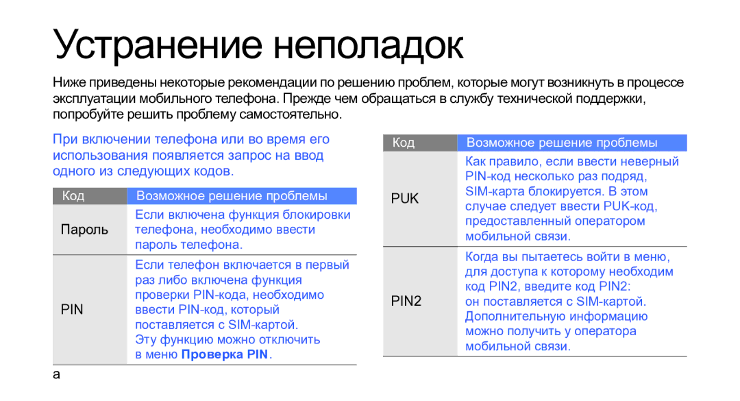 Samsung GT-M3710VBASER, GT-M3710IKASER manual Устранение неполадок, Пароль 