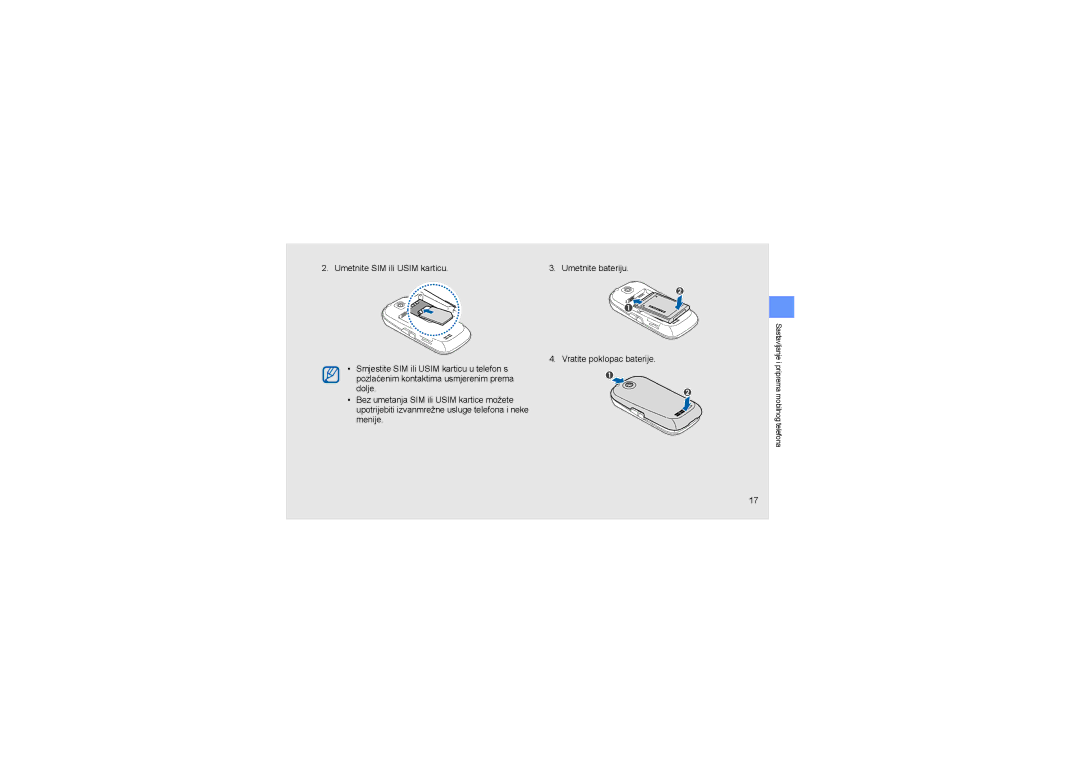 Samsung GT-M5650IKACRG, GT-M5650IKAABS, GT-M5650VBACRG manual Umetnite SIM ili Usim karticu 