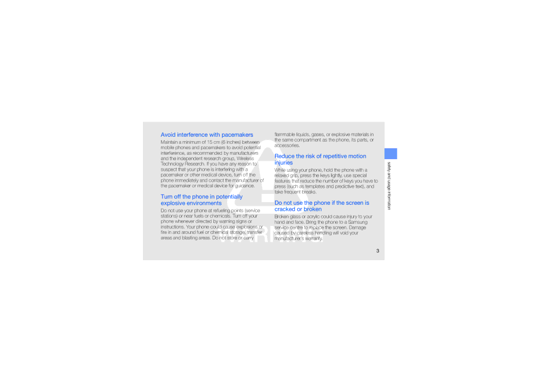 Samsung GT-M5650VBAJED manual Avoid interference with pacemakers, Turn off the phone in potentially explosive environments 