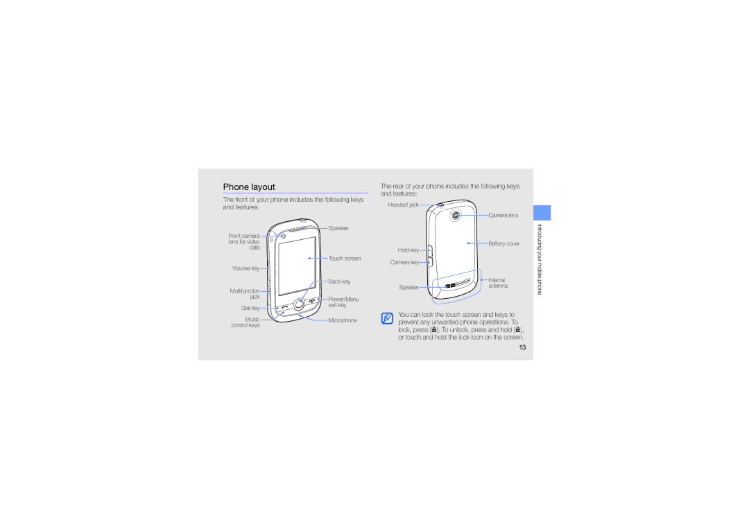 Samsung GT-M5650IKAKSA, GT-M5650VBAMED manual Phone layout, Rear of your phone includes the following keys and features 