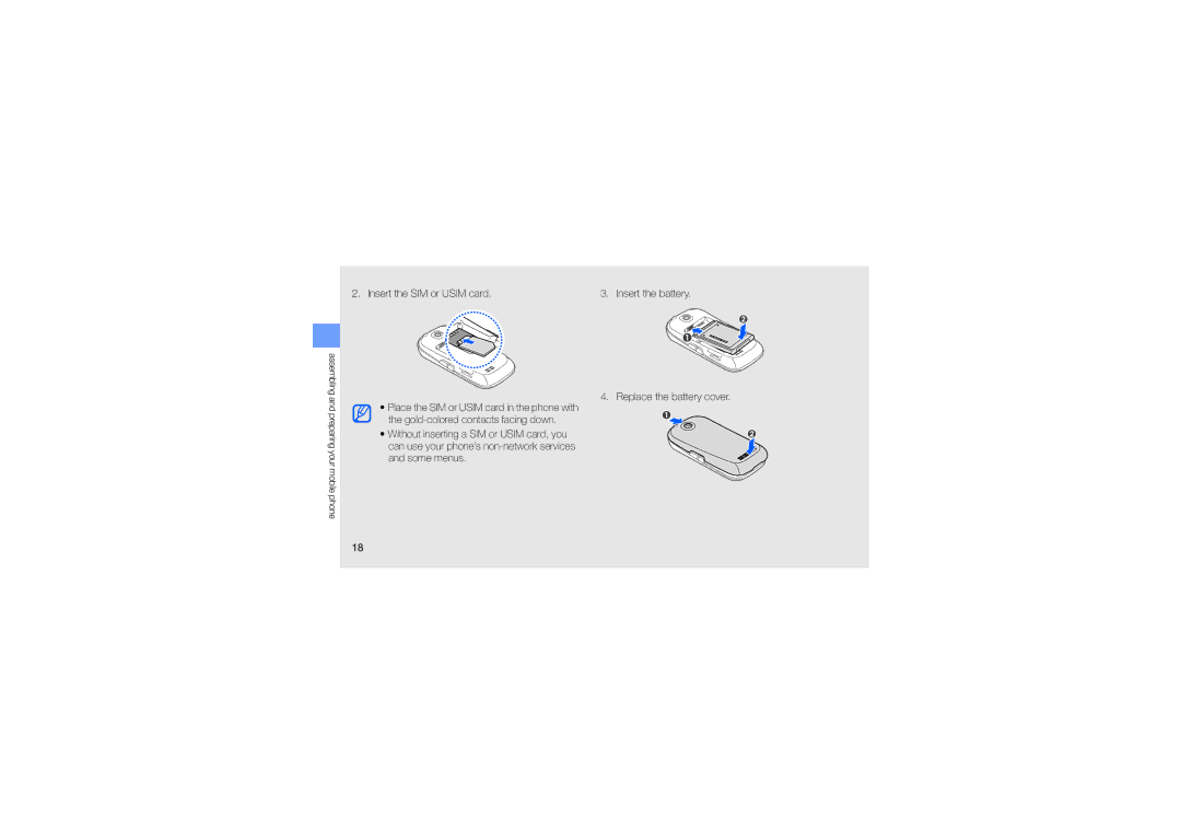 Samsung GT-M5650VBAAFR, GT-M5650VBAMED, GT-M5650VBAXSG, GT-M5650IKAKSA, GT-M5650IKAMMC manual Insert the SIM or Usim card 