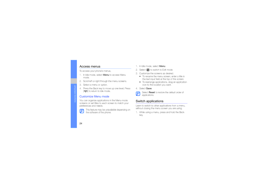 Samsung GT-M5650VBAXXV, GT-M5650VBAMED, GT-M5650VBAXSG manual Access menus, Switch applications, Customize Menu mode 