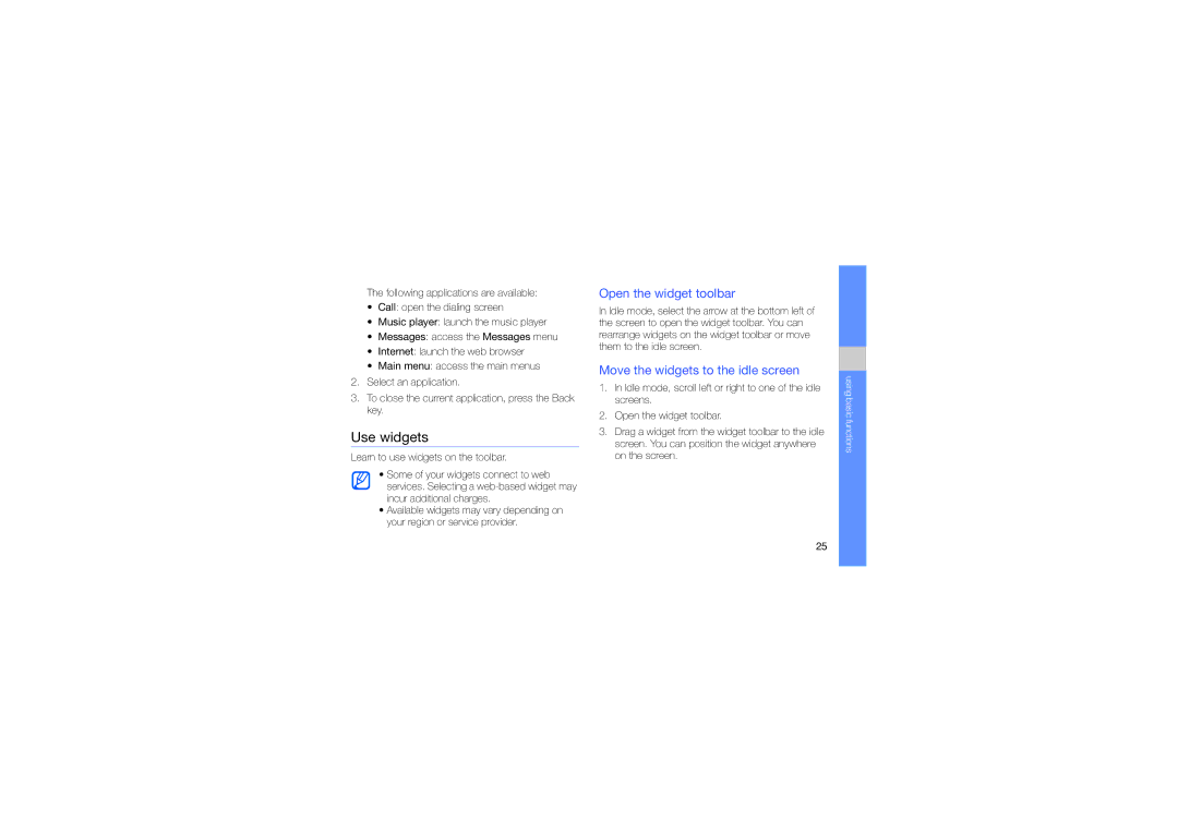 Samsung GT-M5650IKAXEV, GT-M5650VBAMED manual Use widgets, Open the widget toolbar, Move the widgets to the idle screen 