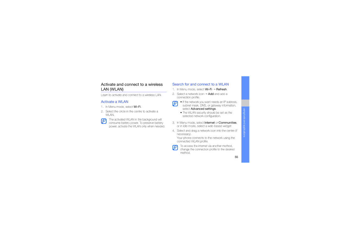 Samsung GT-M5650IKAXSG Activate and connect to a wireless LAN Wlan, Activate a Wlan, Search for and connect to a Wlan 