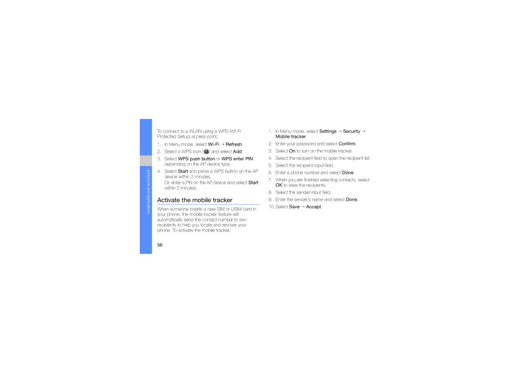 Samsung GT-M5650VBAEGY, GT-M5650VBAMED, GT-M5650VBAXSG, GT-M5650IKAKSA, GT-M5650IKAMMC manual Activate the mobile tracker 