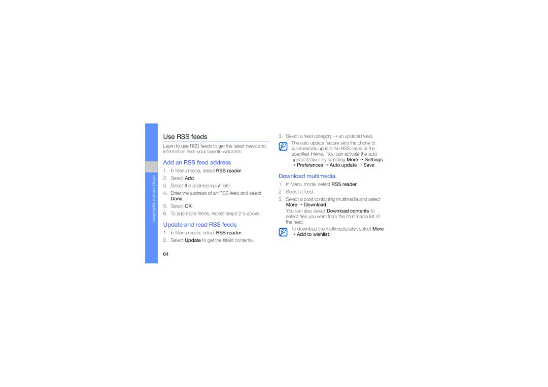 Samsung GT-M5650VBAXEV manual Use RSS feeds, Add an RSS feed address, Update and read RSS feeds, Download multimedia 