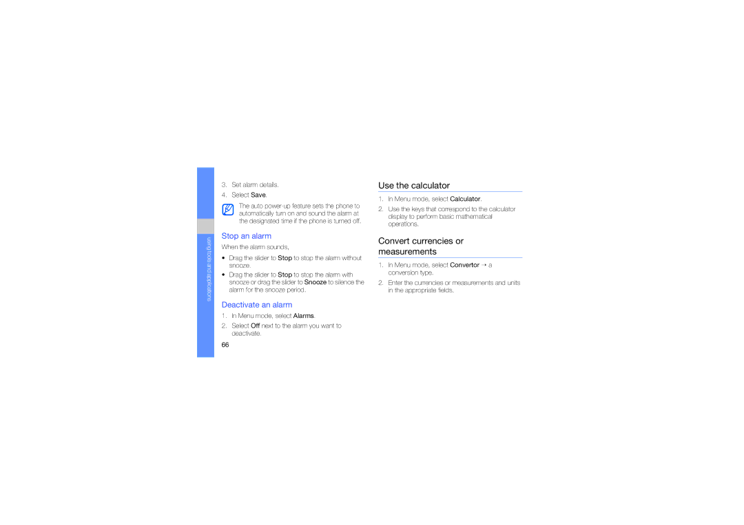 Samsung GT-M5650VBAXSG manual Use the calculator, Convert currencies or measurements, Stop an alarm, Deactivate an alarm 