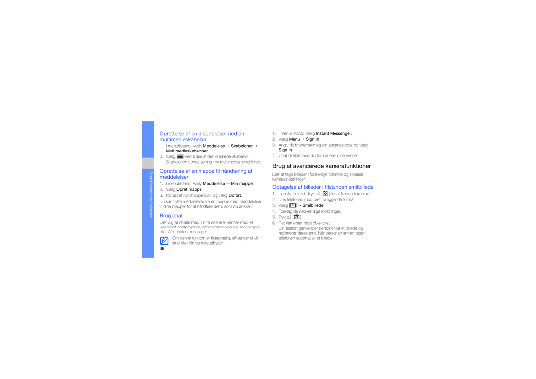 Samsung GT-M5650IKAXEE manual Brug af avancerede kamerafunktioner, Oprettelse af en meddelelse med en multimedieskabelon 