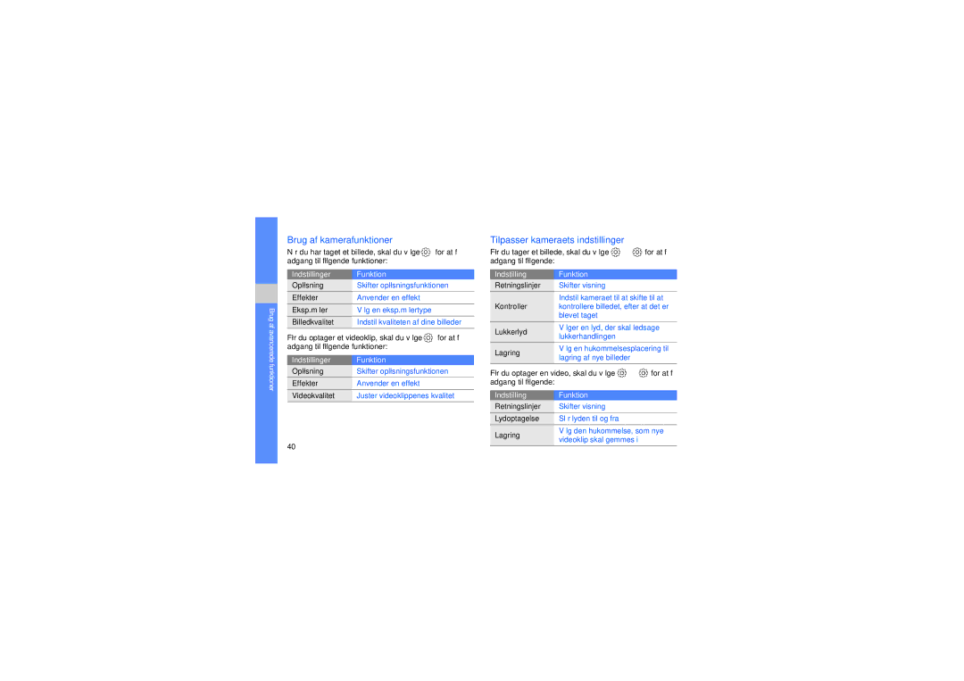 Samsung GT-M5650VBANCM, GT-M5650VBANEE, GT-M5650VBAXEE manual Brug af kamerafunktioner, Tilpasser kameraets indstillinger 