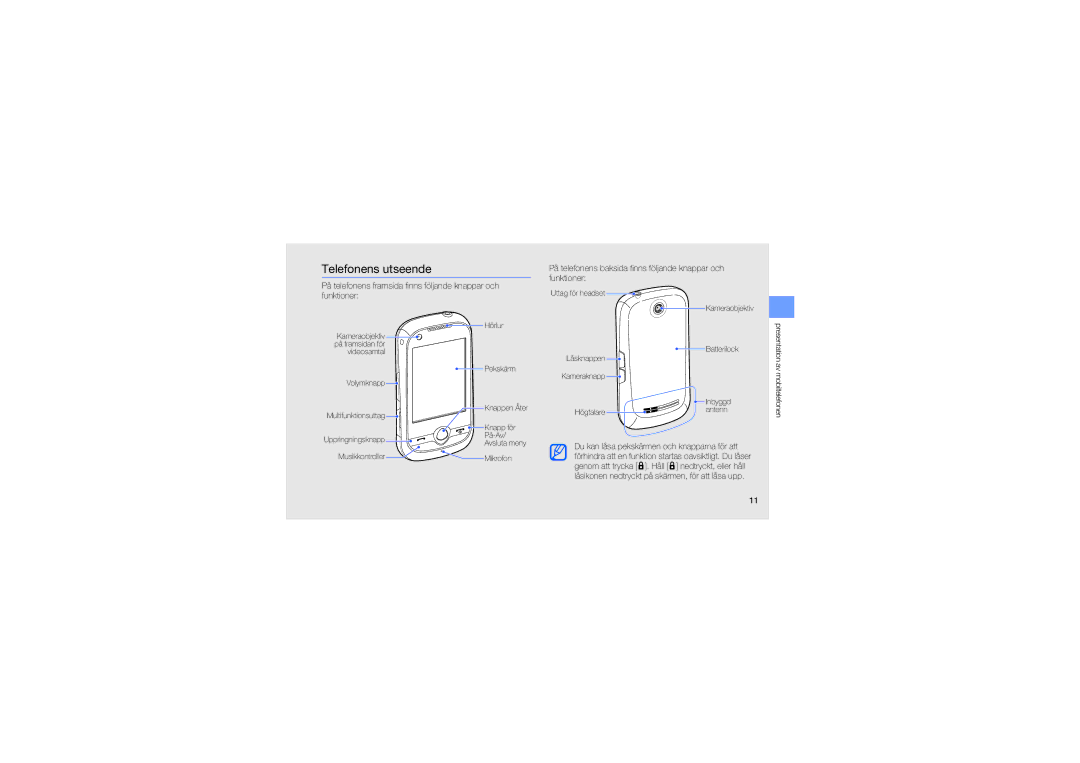 Samsung GT-M5650VBAXEE, GT-M5650VBANEE Telefonens utseende, På telefonens baksida finns följande knappar och funktioner 