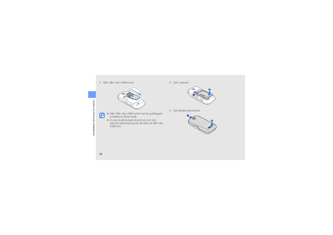 Samsung GT-M5650VBAXEE, GT-M5650VBANEE, GT-M5650VBANCM, GT-M5650IKANEE, GT-M5650IKAXEE manual Sätt i SIM- eller USIM-kortet 