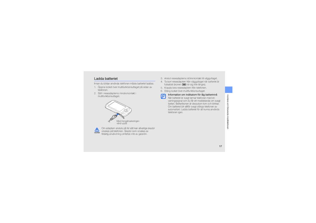 Samsung GT-M5650IKANEE, GT-M5650VBANEE, GT-M5650VBANCM, GT-M5650VBAXEE, GT-M5650IKAXEE manual Ladda batteriet 