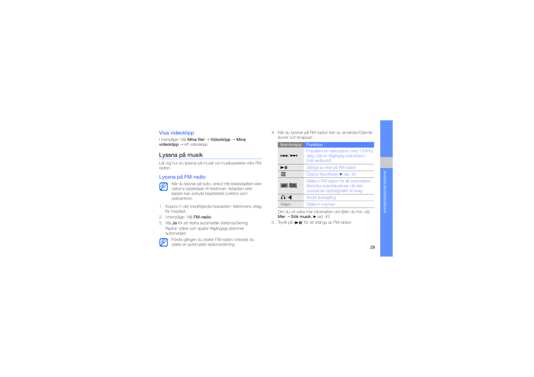 Samsung GT-M5650VBANEE, GT-M5650VBANCM manual Lyssna på musik, Visa videoklipp, Lyssna på FM-radio, Ställa in volymen 