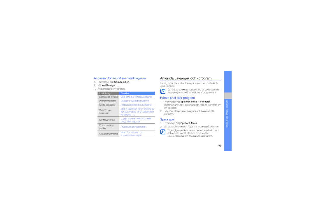 Samsung GT-M5650IKAXEE manual Använda Java-spel och -program, Anpassa Communities-inställningarna, Hämta spel eller program 