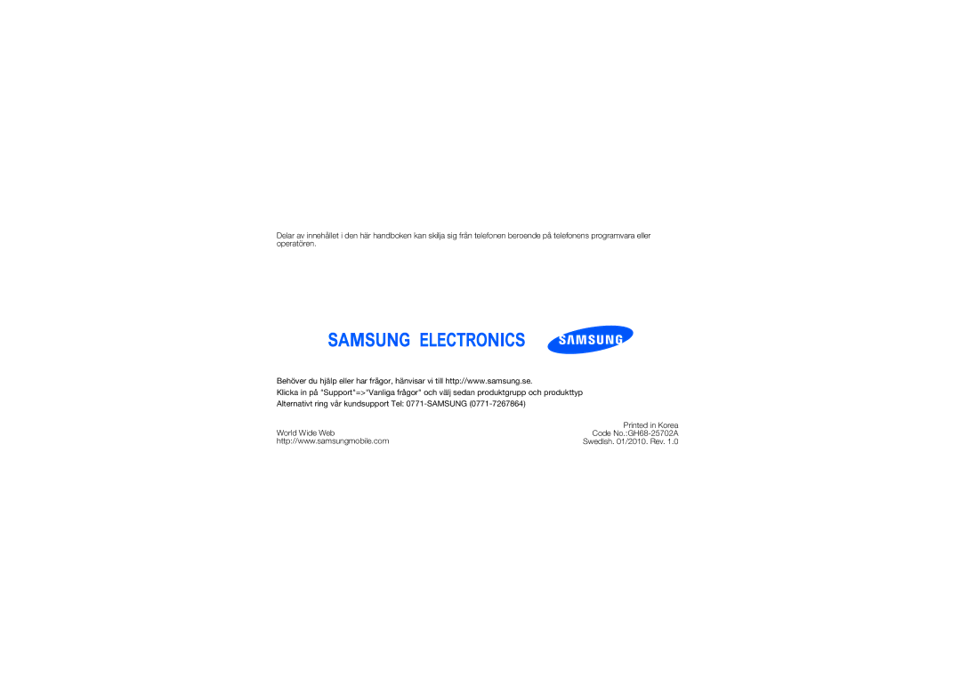 Samsung GT-M5650IKANEE, GT-M5650VBANEE, GT-M5650VBANCM, GT-M5650VBAXEE, GT-M5650IKAXEE manual Swedish /2010. Rev 