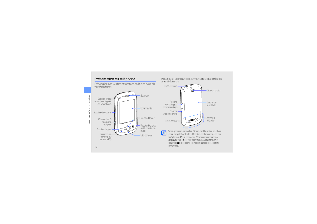 Samsung GT-M5650VBAXEF, GT-M5650IKAXEF, GT-M5650XKMSFR manual Présentation du téléphone 