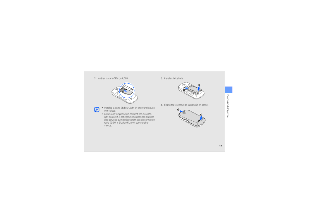 Samsung GT-M5650XKMSFR, GT-M5650VBAXEF, GT-M5650IKAXEF manual Insérez la carte SIM ou Usim 