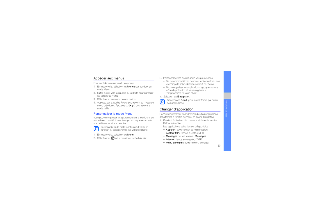 Samsung GT-M5650XKMSFR, GT-M5650VBAXEF, GT-M5650IKAXEF Accéder aux menus, Changer dapplication, Personnaliser le mode Menu 