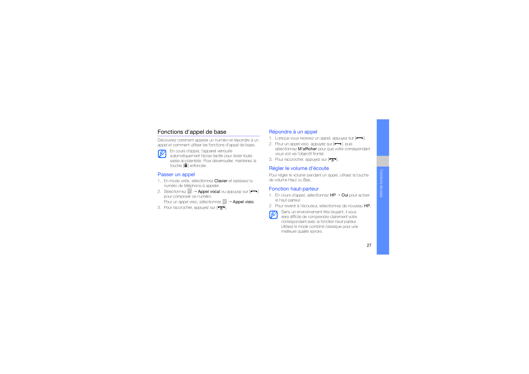 Samsung GT-M5650VBAXEF manual Fonctions dappel de base, Passer un appel, Répondre à un appel, Régler le volume découte 