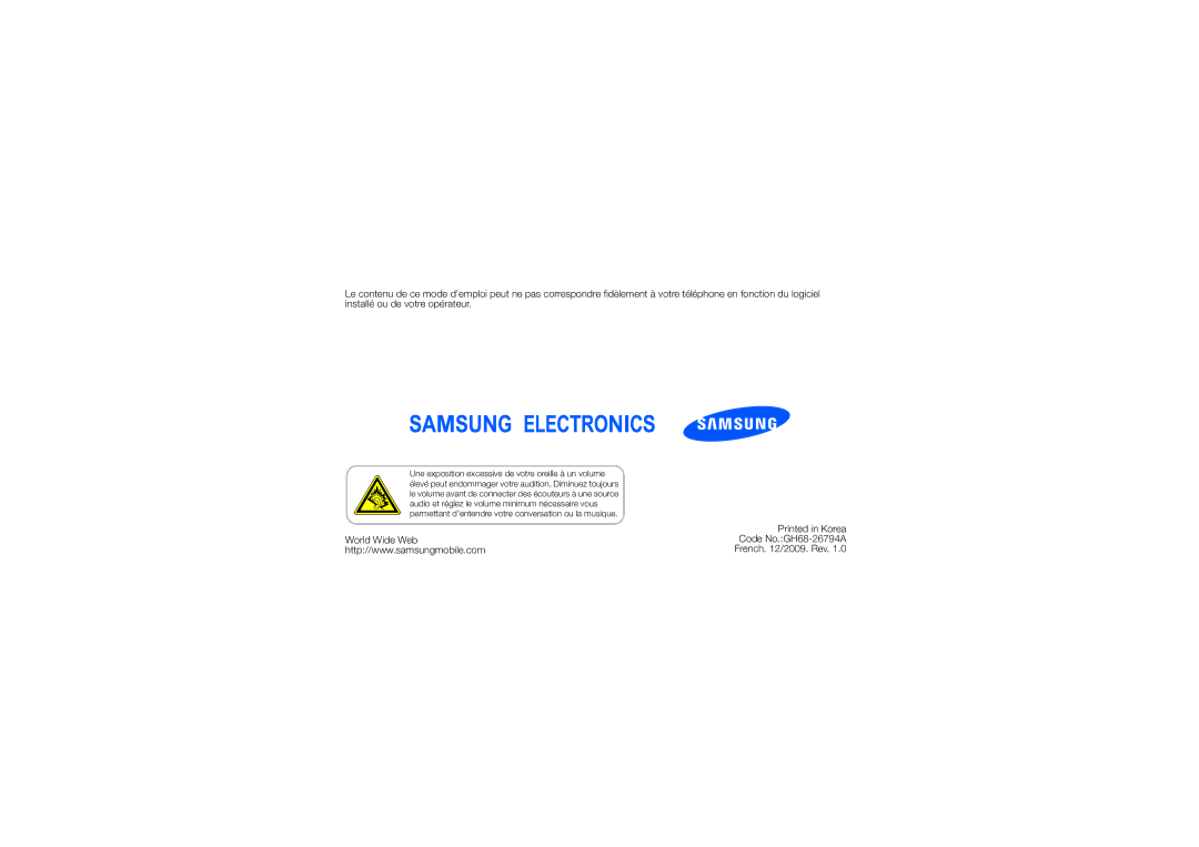 Samsung GT-M5650VBAXEF, GT-M5650IKAXEF, GT-M5650XKMSFR manual World Wide Web Code No.GH68-26794A 