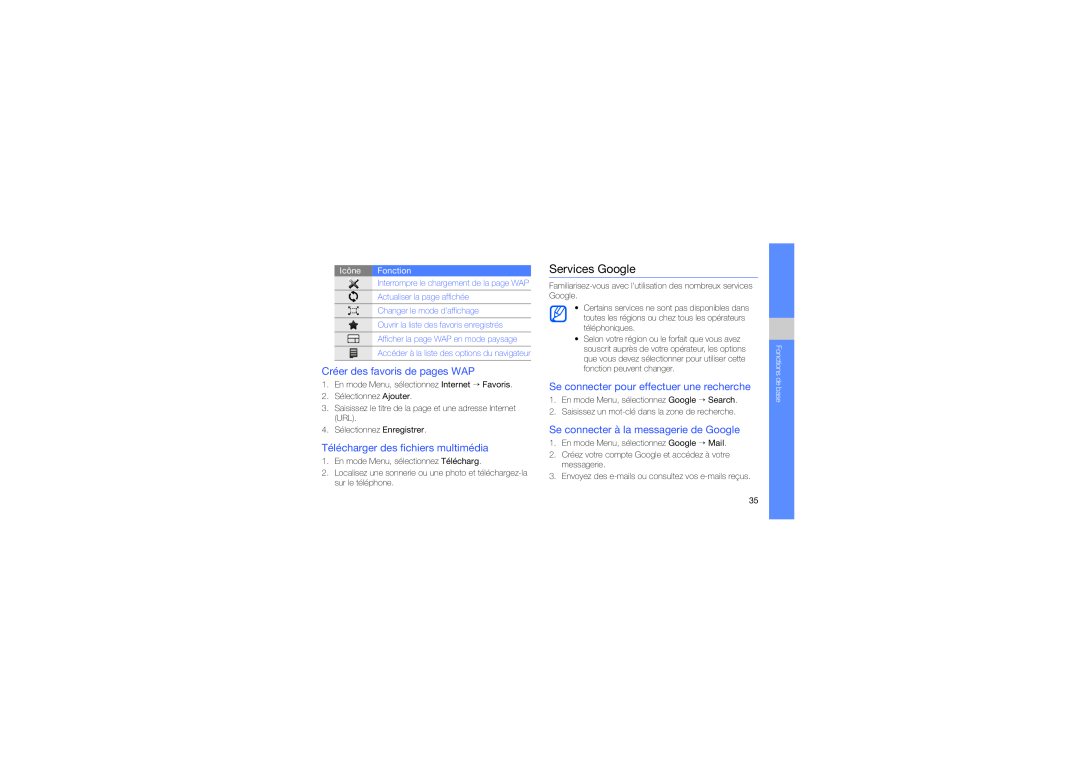 Samsung GT-M5650XKMSFR manual Services Google, Créer des favoris de pages WAP, Télécharger des fichiers multimédia 
